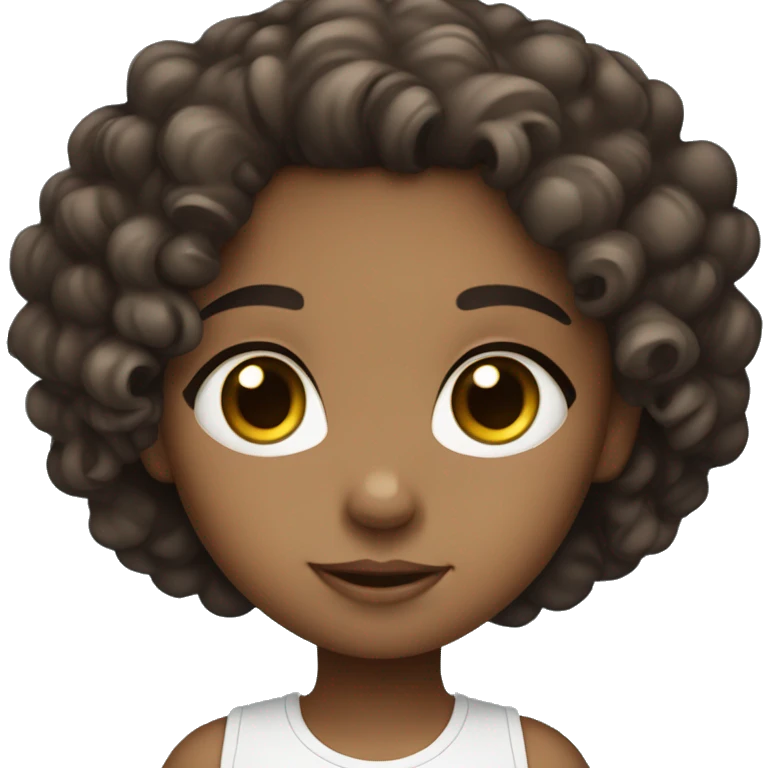 Chibi style. A girl. Dark browner curly hair. Blue eyes. Light skin. emoji