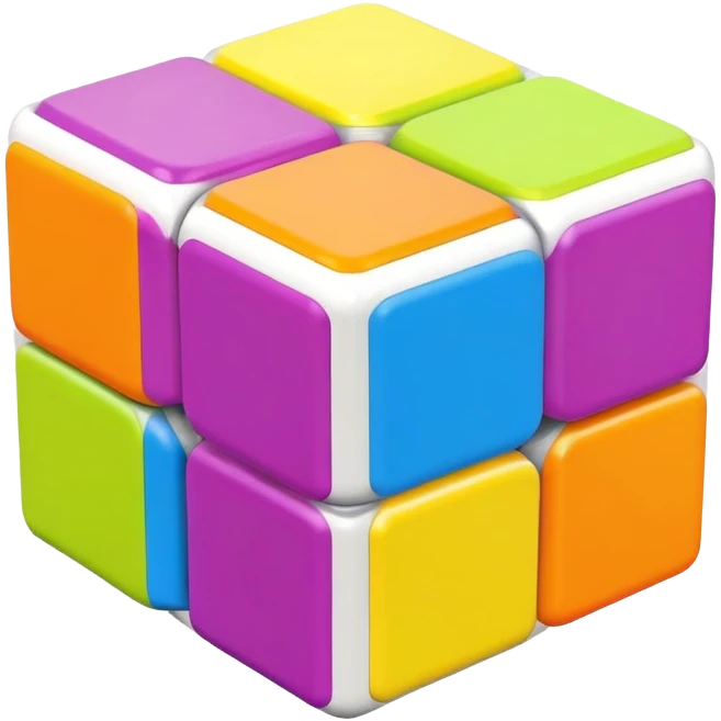 A 3x3 Rubik's Cube with candy-colored bright scheme: bubblegum pink, lemon yellow, bright blue raspberry, lime green, grape purple, tangerine orange, minimalist iOS emoji style emoji