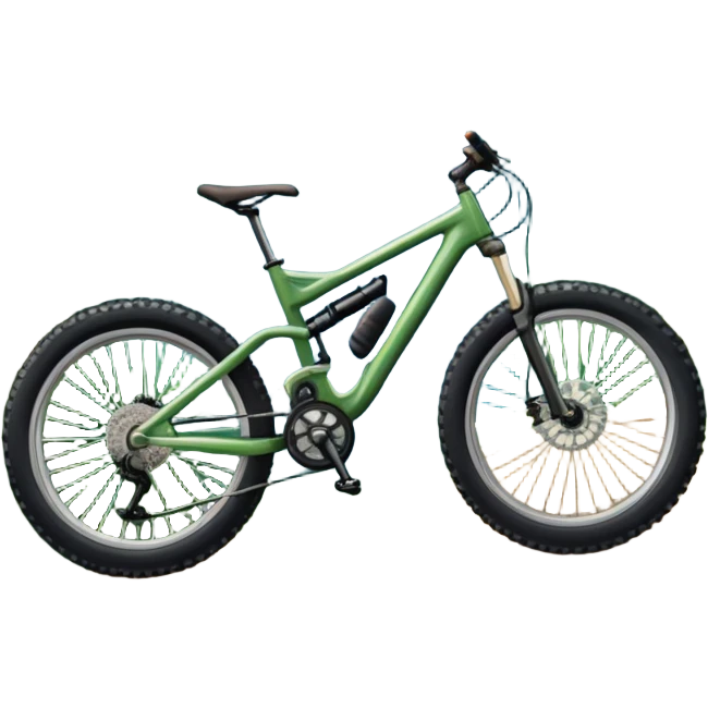 An icon featuring a mountain bike with wide tires, positioned on a forest trail or rocky mountain road. The background shows dense trees, steep slopes, and distant peaks under a clear blue sky. Transparent background highlights the thrill and rugged beauty of mountain biking. emoji