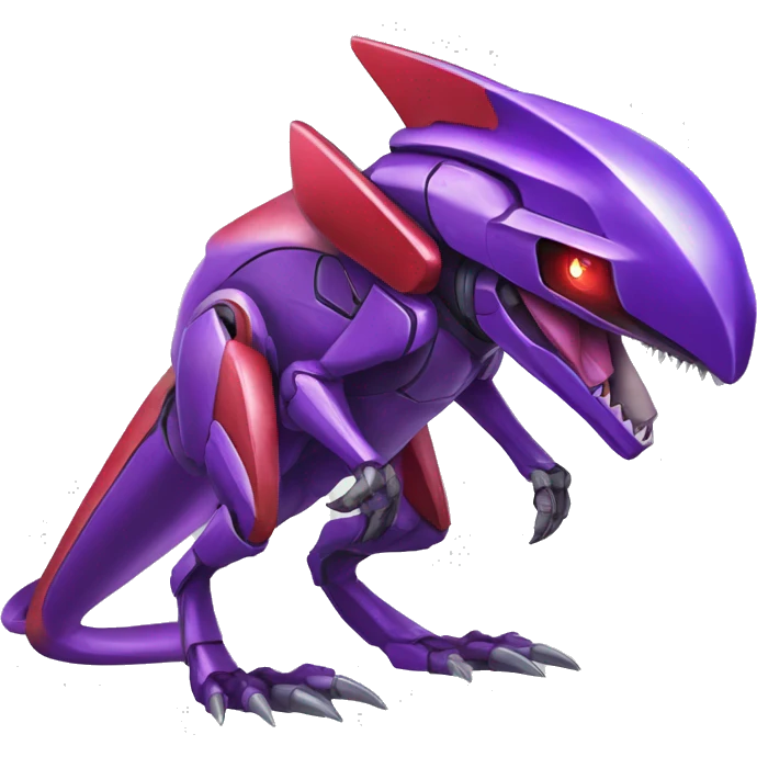 a shiny purple-green-red Genesect-Raptor-Fakémon—hybrid with a futuristic visor-helmet full body emoji
