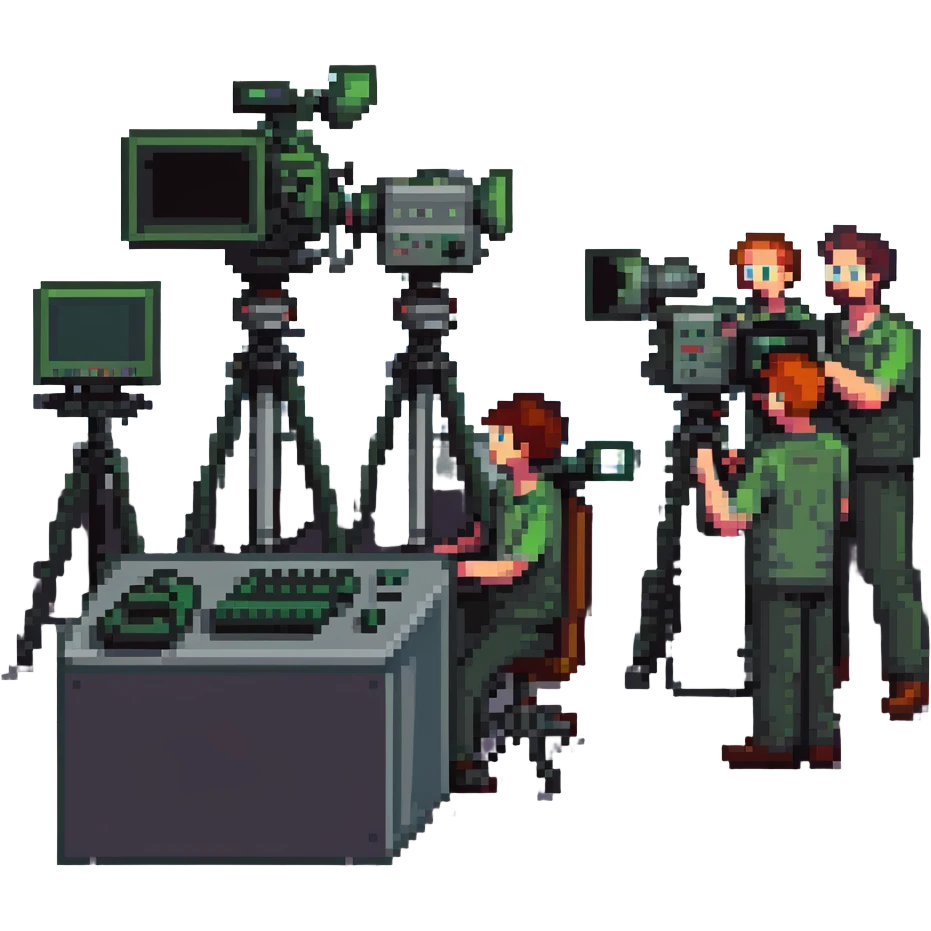 pixel art style, large high resolution image of a film crew collaboration: multiple members (cameraman, sound engineer, director) working together around a broadcast camera, dynamic atmosphere, wide shot, team spirit emoji
