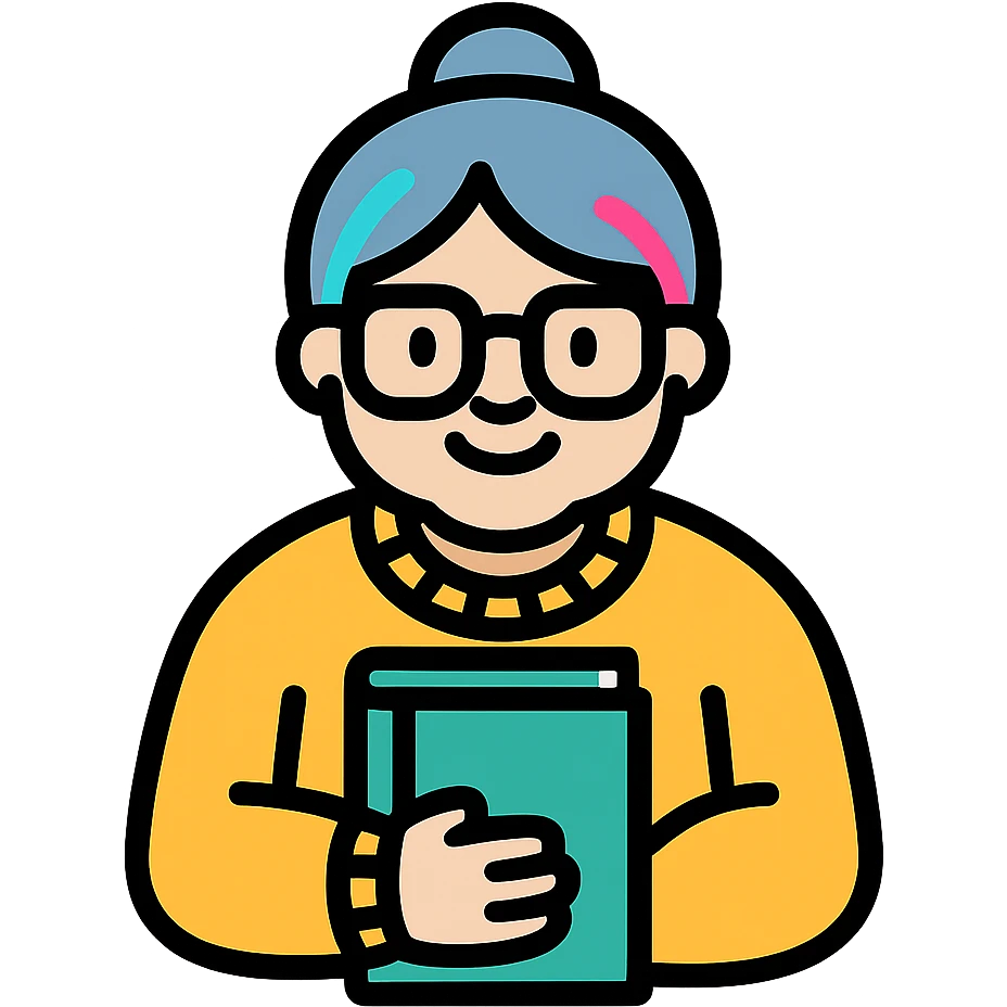 Gen Z style librarian granny with colorful hair streaks, trendy glasses, oversized sweater, holding a book, color outline icon emoji