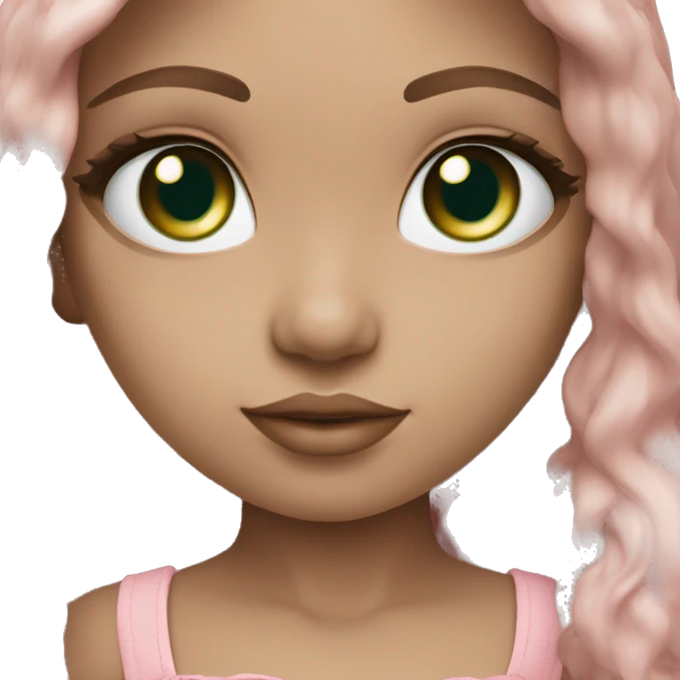 Forest green doll eyes, brown hair, feminine, pink, girl, angelic emoji