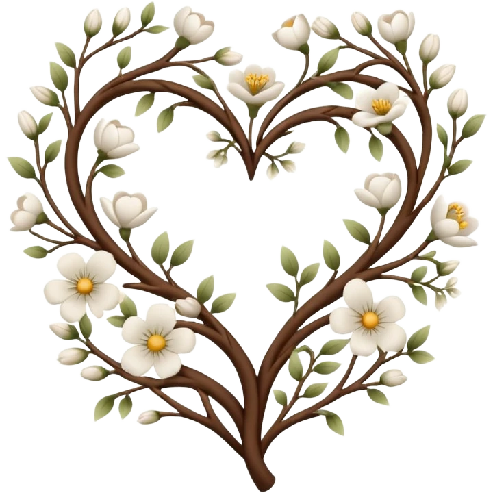 Natural cottage core aesthetic minimal flower branches in a twisty heart shape emoji