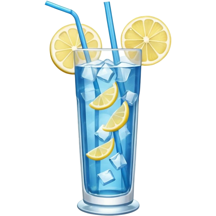 A tall glass of blue lagoon with lemon slices, ice cubes, and a curved straw.
 emoji