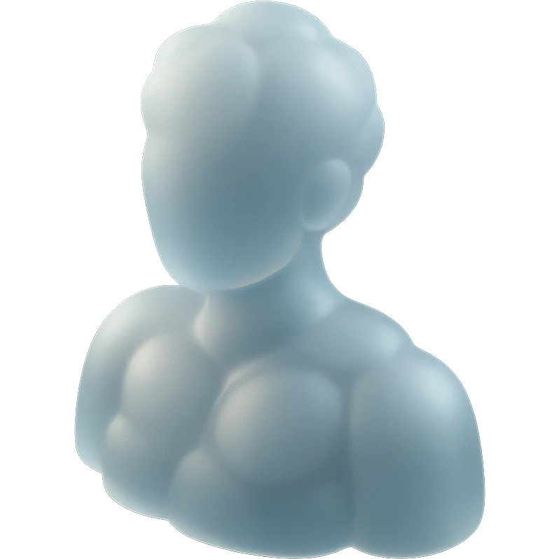 person from shoulders up, facing straight, fully composed of white fluffy convex clouds, no shadows, matte glass style emoji