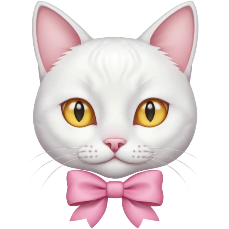 white cat sitting and she has a pink small bow on her right ear,she has golden eyes,she's fully white,even her ears,the only color is the pink small bow on her right ear,the cat is small emoji