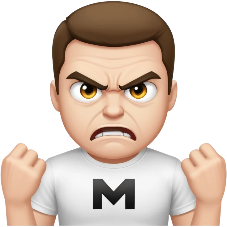A angry man wearing a white t-shirt with a big black M on the t-shirt  emoji