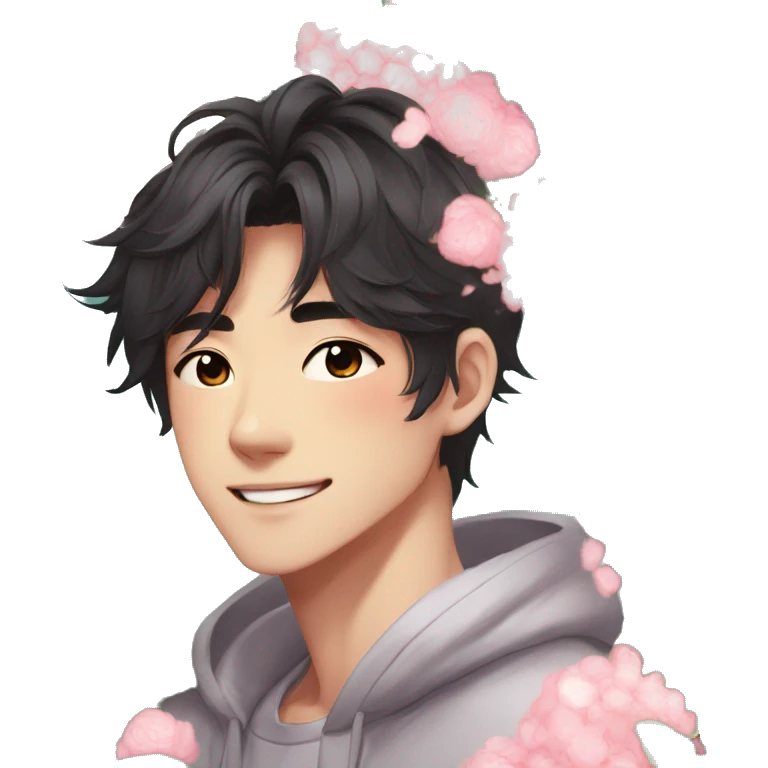 Gorgeous bright sparkly romantic Asian anime style guy with blushing face and flowers aesthetic trending style outside emoji