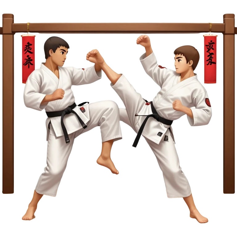Two karate fighters in traditional gi sparring. One executes a high kick aimed at the opponent’s head, while the other blocks with a strong hand defense. The background features a classic dojo with wooden flooring and banners. Dynamic motion and focused expressions. Transparent background. emoji