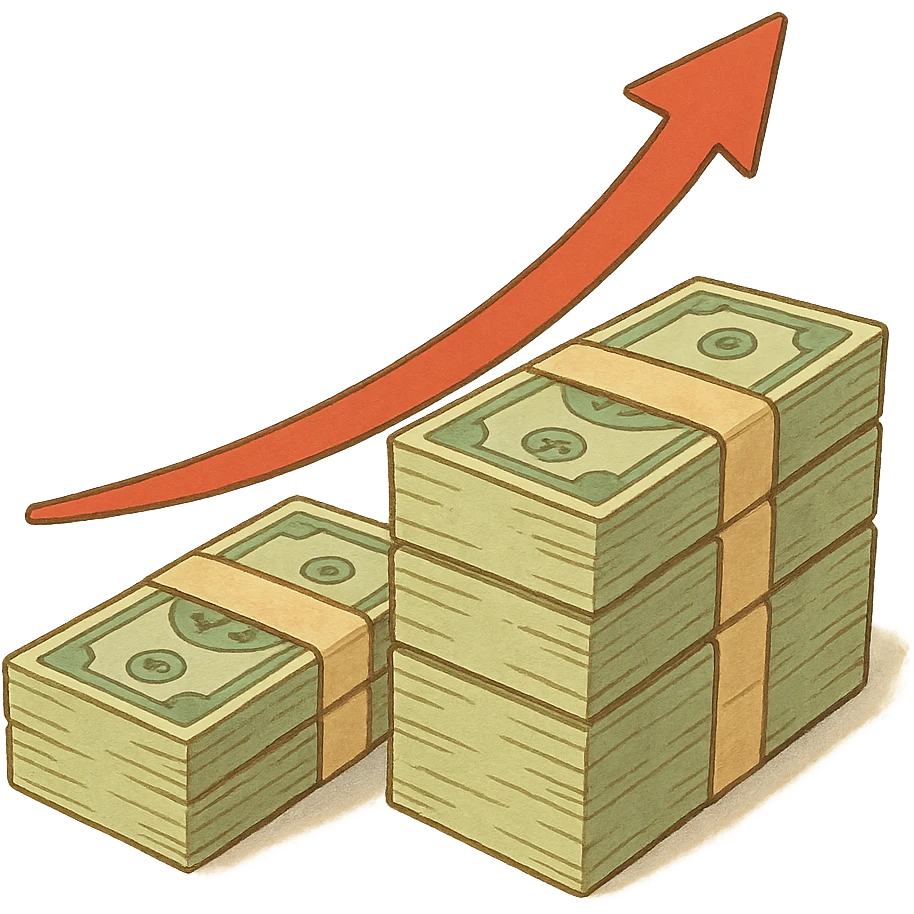 ghibli style upward trending arrow beside three stacks of bundled dollar bills in ascending height emoji