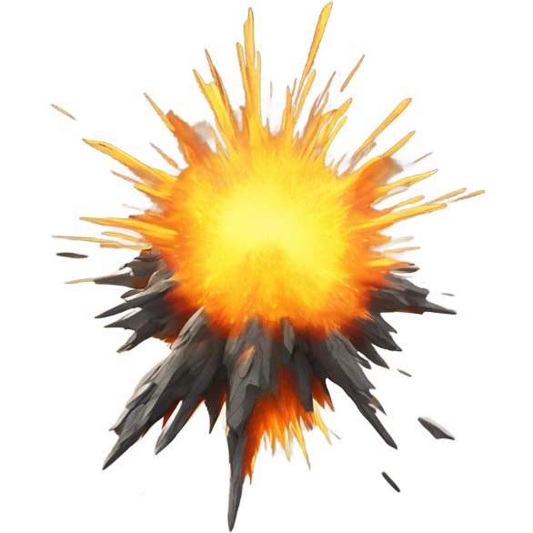 A large, fiery explosion with orange and yellow flames bursting outward, sending debris flying, with a shockwave of energy radiating from the center. emoji