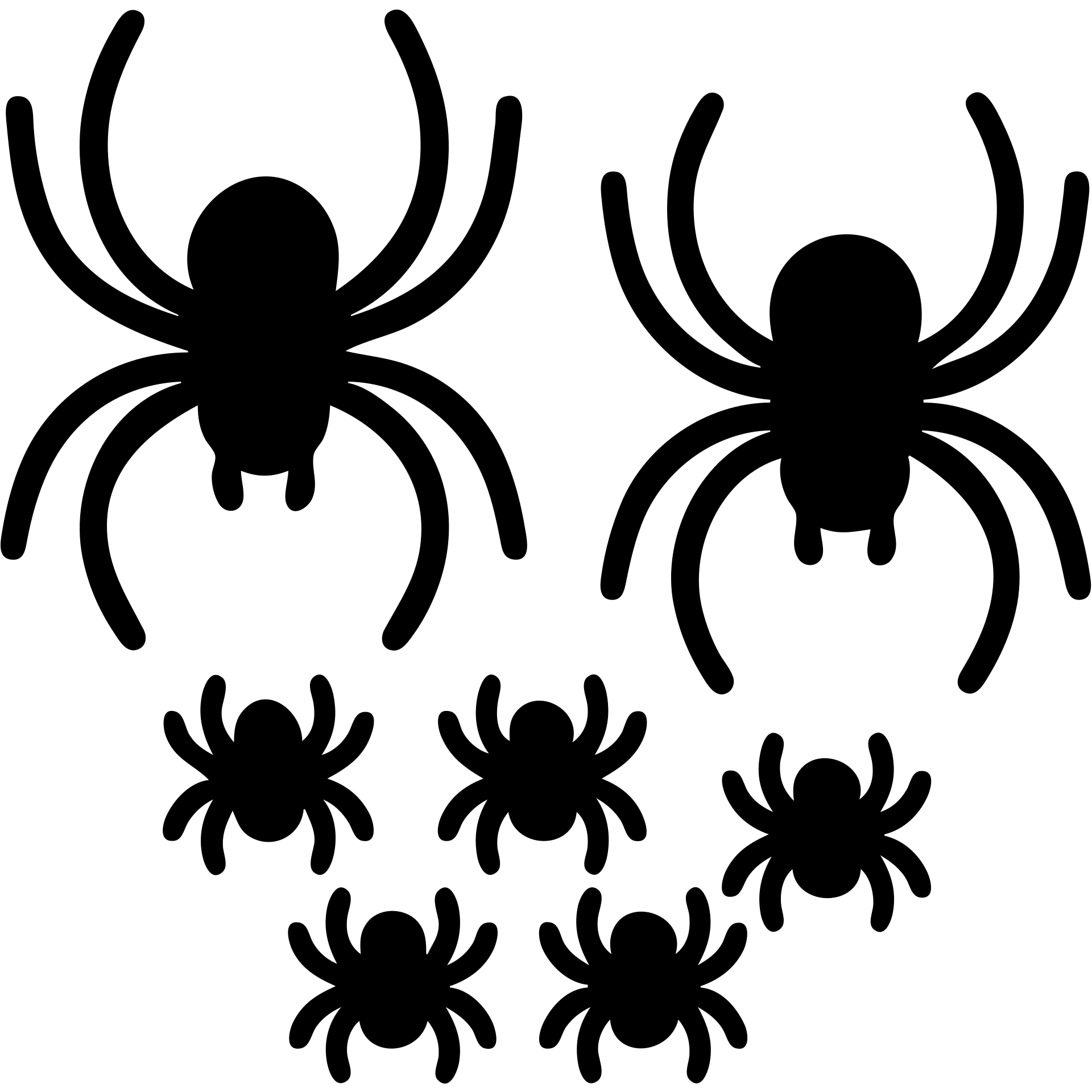 A family of spiders with parent spiders and baby spiders together, simple silhouette design emoji