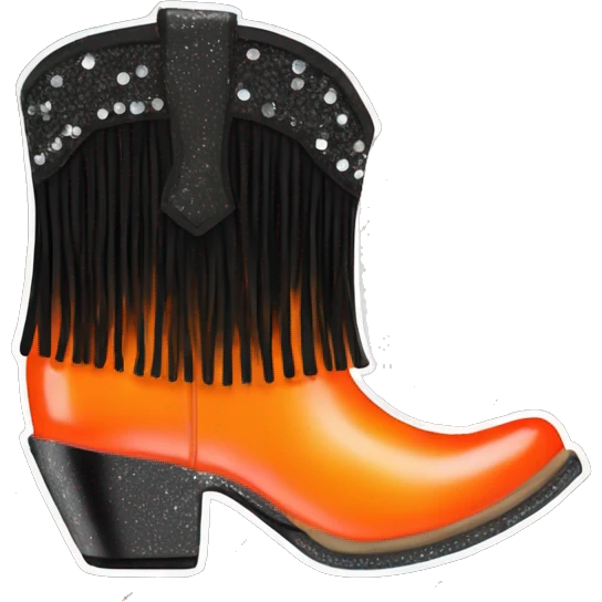 Realistic short neon Orange to black ombre fashion cowgirl boot with sparkly shiny glitter fringe on them. emoji