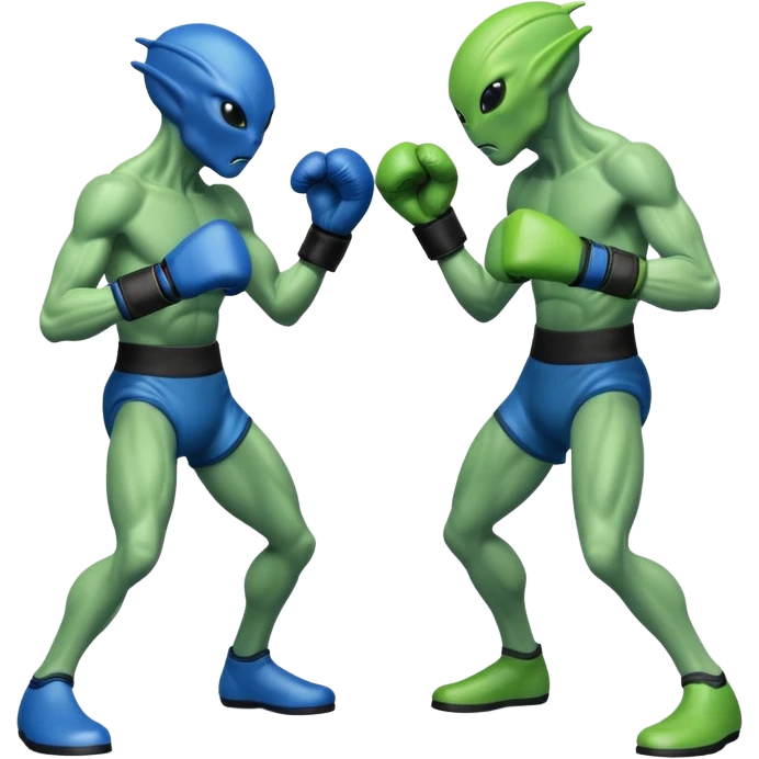 two aliens boxing in a fight stance, facing each other with raised gloves, dynamic action pose, intense expressions, sci-fi arena vibe, 3D cartoon style, mobile game icon style, clean background, no text, no watermark
 emoji