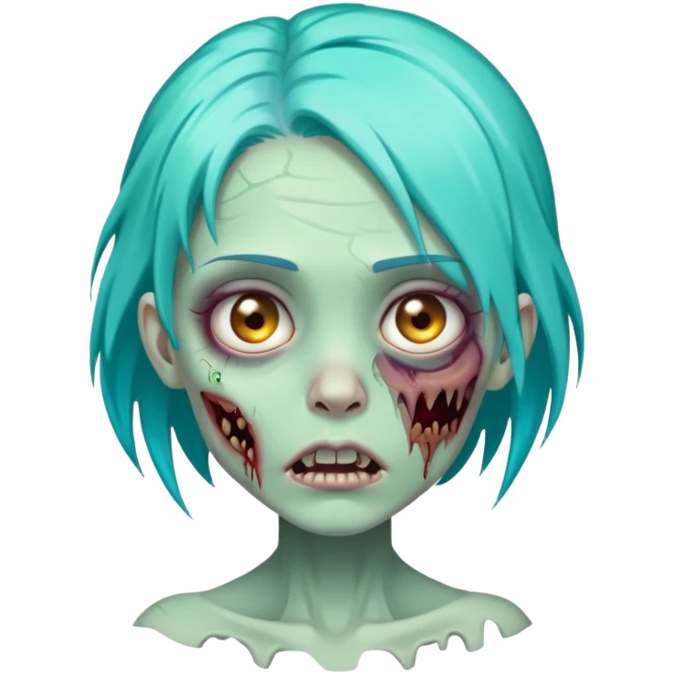 female zombie with bright turquoise hair, rotting skin, sunken eyes, cute but scary emoji