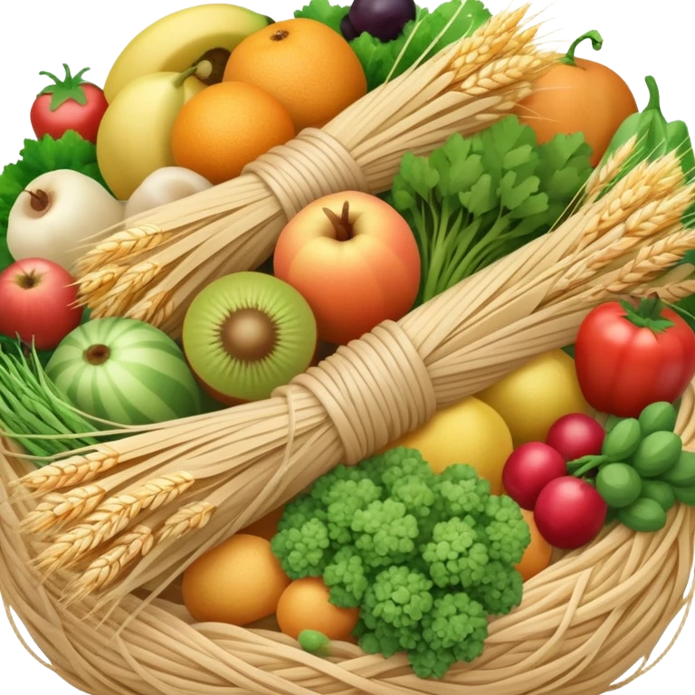 Close-up of a bundle of fiber strands intertwined with small vegetable, fruit, and grain icons, showing microscopic view of dietary fiber structure emoji
