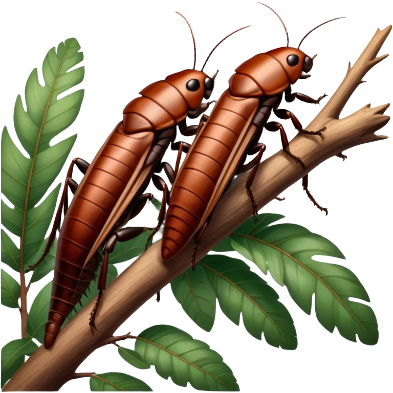 Giant Madagascar cockroaches perched on a branch, showcasing their large, shiny bodies and unique texture. The background includes soft lighting with a natural, leafy atmosphere. Transparent background. emoji