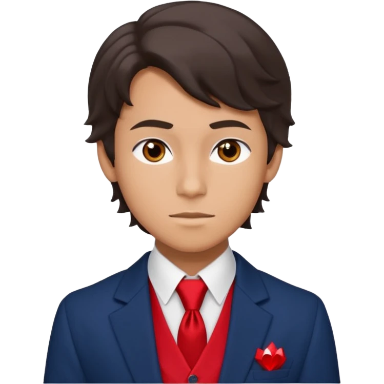 Number Five from "The Umbrella Academy": portrait of slim 16 yo teen (face, neck, shoulders, chest) in sarcastic pose, oval face with high cheekbones, gray eyes, dark brown wavy side-swept hair. Uniform: dark blue blazer with red trim, white shirt, black tie, diamond vest. emoji
