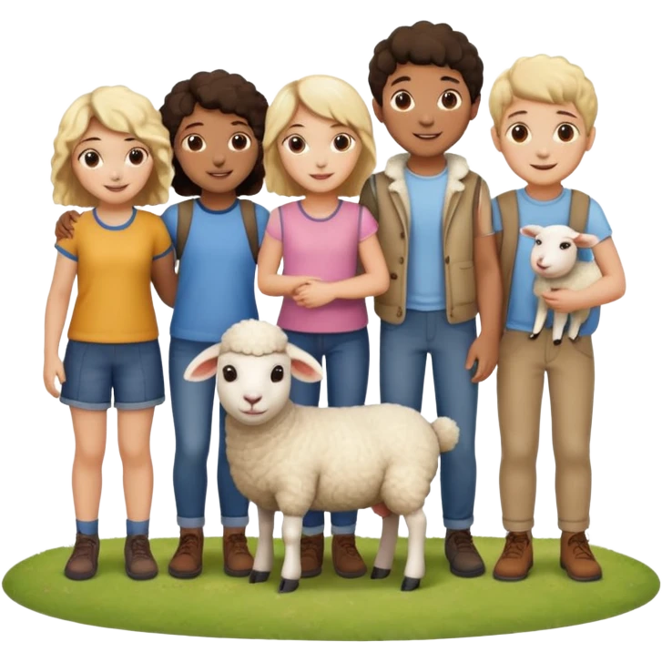 5 persons (3 girls and 2 boys) and a sheep emoji