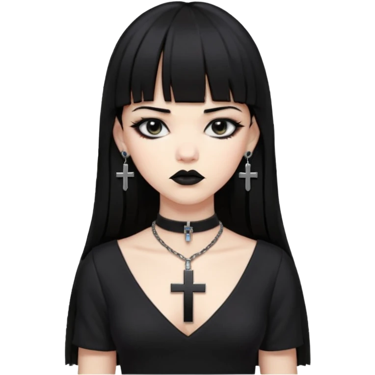 vampira parda com cabelo preto longo e liso e franja, olhos pretos, brincos em formato de cruz, choker em formato de cruz, roupa preta com decote, batom preto e séria emoji