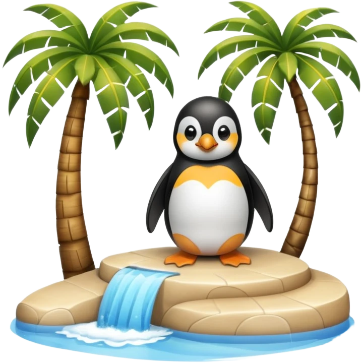 a penguin sitting by a palm tree and pool at the seaside with waves emoji