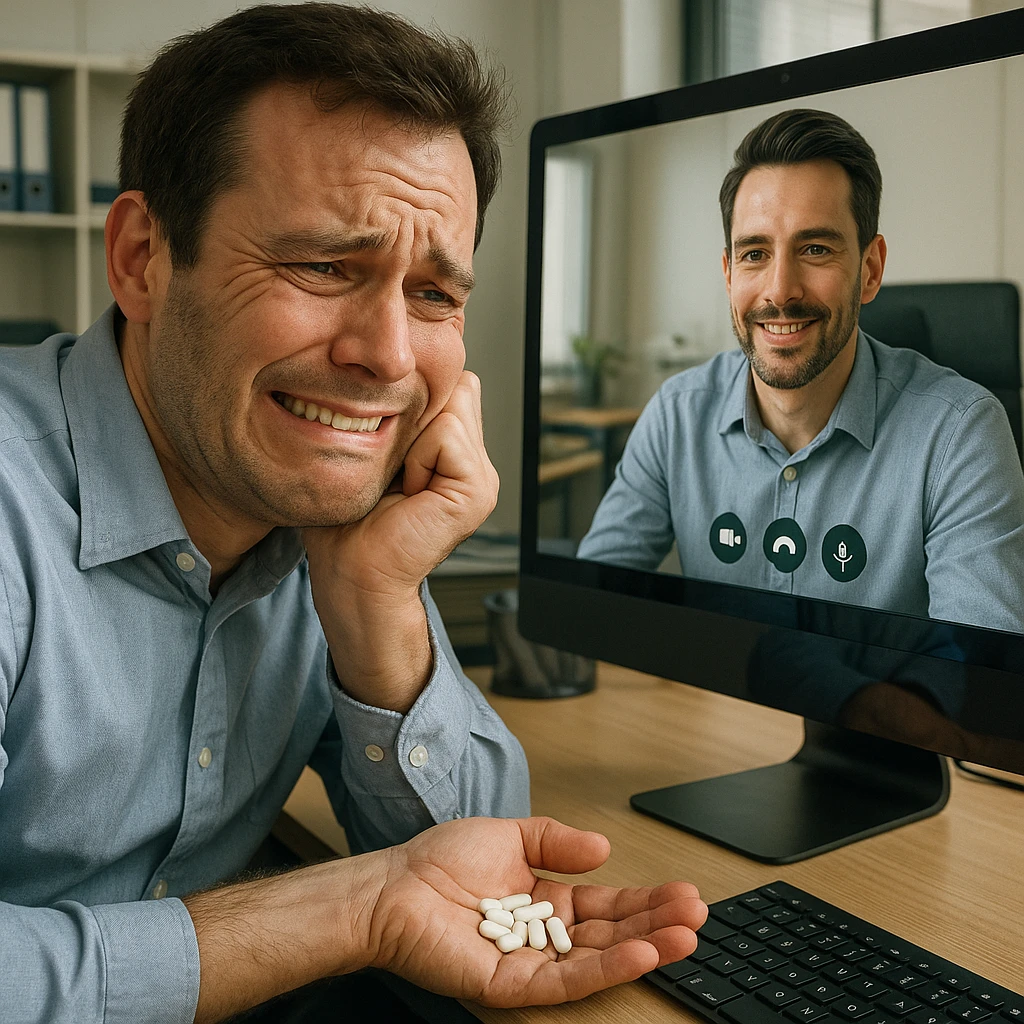 Close-up of a man in his mid-30s on a video call, forced smile, hand under desk gripping caffeine pills, computer screen reflection reveals slouched posture, virtual avatar appears confident, hyperrealistic 4K, office setting emoji