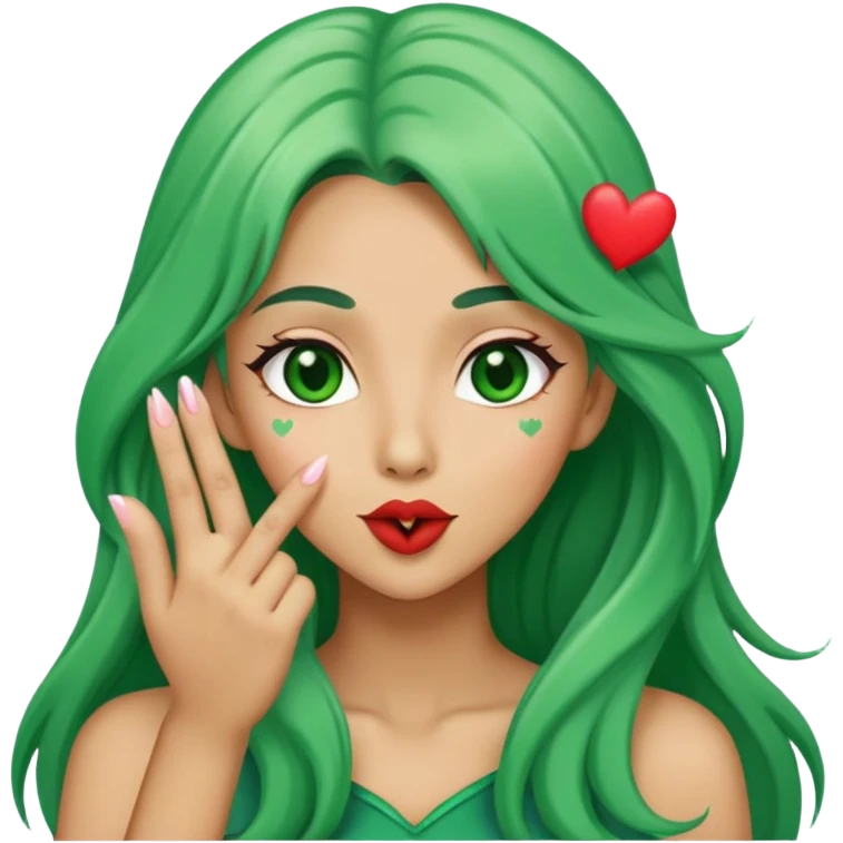 Tan long green hair heart fingers blowing kisses  emoji