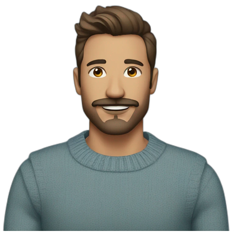 Contemporary dancer man, mustache and beard, undercut brown hairs, blue sweater  emoji