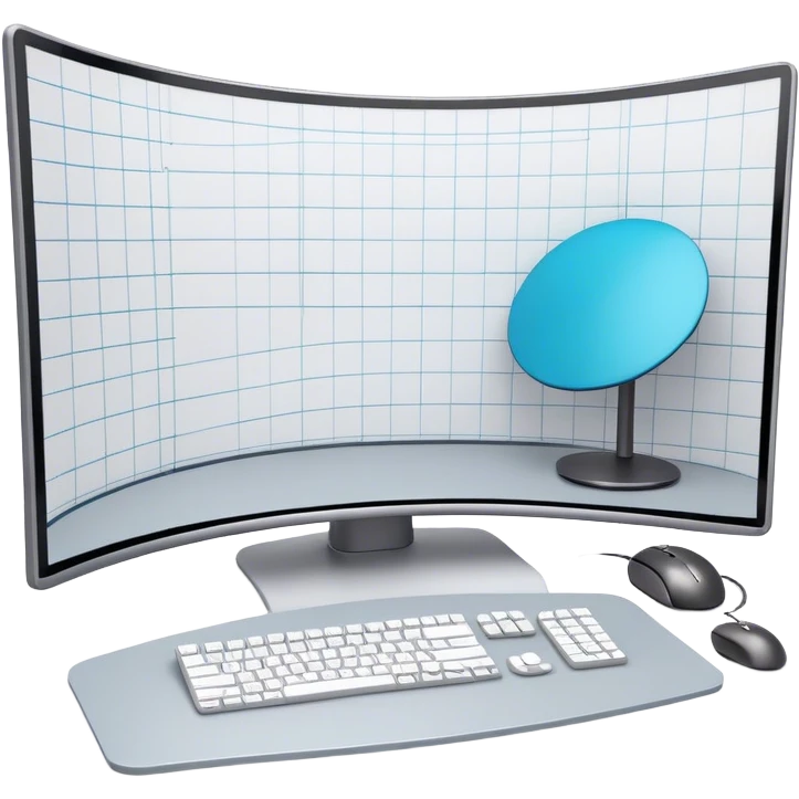 Create an emoji for 3D visualization and modeling. Show a 3D object like room model with grid lines on a big curved monitor. Add a modeling tool a mouse and stylus. Use modern, professional colors. Do not include any emojis or smiley faces. Make the background transparent. emoji