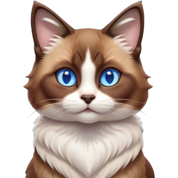 Cinematic Cute Brown Mantle Snowshoe Cat Portrait Emoji, Head tilted playfully and inquisitively, rich brown fur cascading over its back like a mantle, with soft white paws, chest, and face, striking icy-blue eyes brimming with curiosity, Simplified yet irresistibly adorable features, highly detailed, glowing with a warm, friendly glow, high shine, affectionate and lively, stylized with a touch of whimsy, bright and endearing, soft glowing outline, capturing the essence of a mischievous yet loving kitten, so playful it feels like it could pounce out of the screen and into your arms! emoji