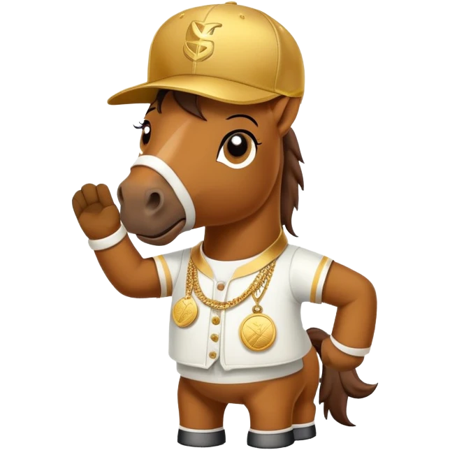 friendly anthropomorphised horse in a hip-hop outfit, wearing a gold medal and a baseball hat emoji