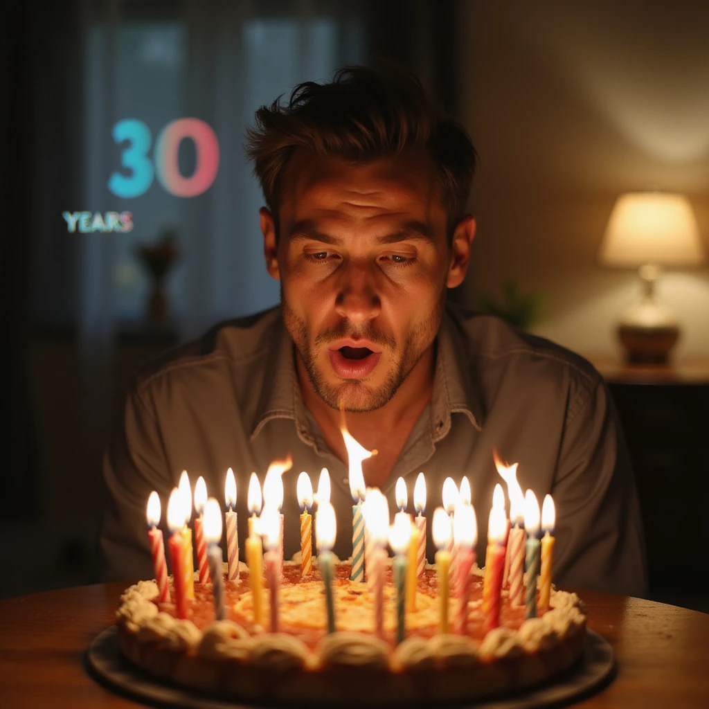 4K detailed birthday party scene with a man blowing out candles, background timeline showing body changes from 20 to 30 years, educational style emoji