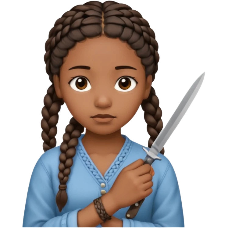 black girl with braids cutting wrists with a small blade with a peaceful but sad face emoji
