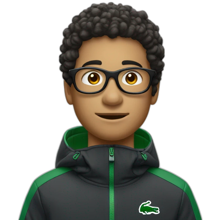 Un garçon blanc qui porte das lunettes de ski, il a les cheveux noirs et un survetement de lacoste emoji