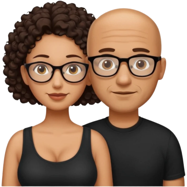 A picture of a tanned couple. the man is a Mexican man with tanned skin, no glasses, a bald hair cut, short beard and wearing a black shirt. the woman is wearing glasses, with long curly dark brown hair and with big boobs  emoji