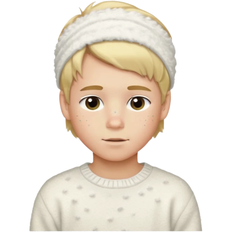 create-a-look-for-a-blond-boy-with-long-tousled-hair-light-eyes-a-white-sweat + fluffy white sweater + styled hair blonde with hair to the side cute + cute face with freckles  medium hair fluffy to the side no long hair cute hair blonded no messy medium height blue eyes cute + headband emoji