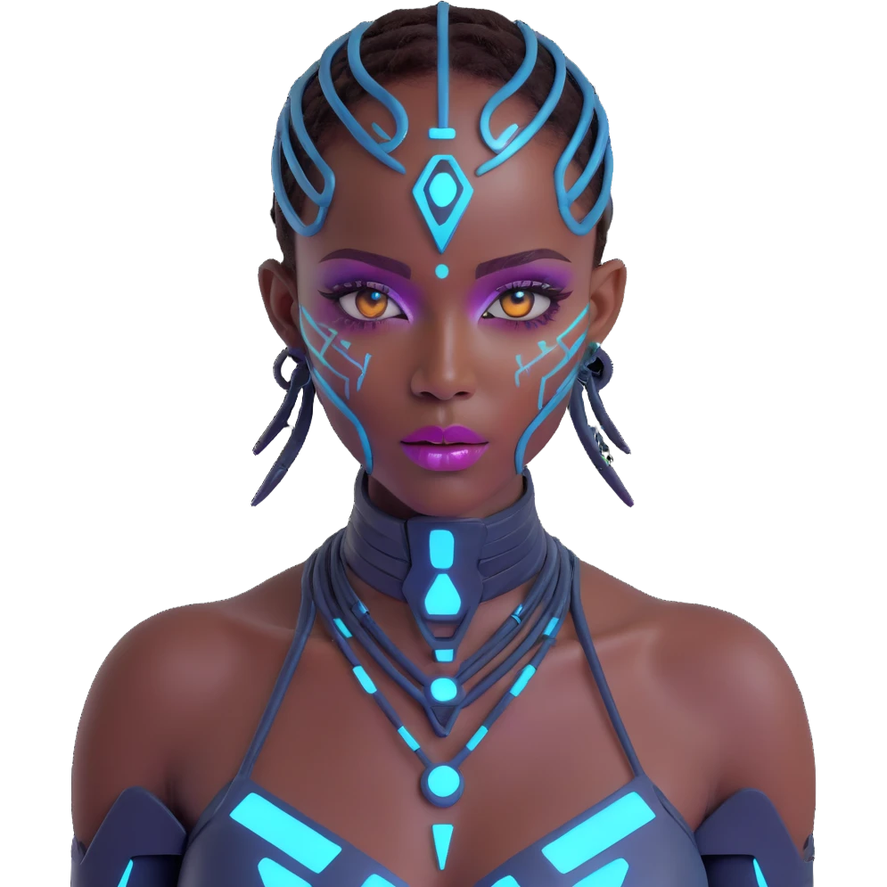 Futuristic African woman with cybernetic enhancements, holographic makeup, techno-tribal aesthetics, and neon lighting emoji