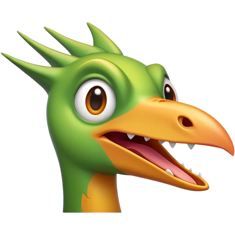 Cinematic Comical Pterodactyl Portrait Emoji, Head tilted dramatically with an exaggeratedly shocked expression, featuring a sleek, streamlined body with a quirky, animated beak and wide, comically expressive eyes full of playful disbelief, Simplified yet hilariously expressive features, highly detailed, glowing with a slightly sassy ethereal glow, high shine, dramatic yet playful, stylized with an air of cheeky prehistoric mischief, soft glowing outline, capturing the essence of a meme-worthy Pterodactyl that looks ready to side-eye its way into viral fame! emoji