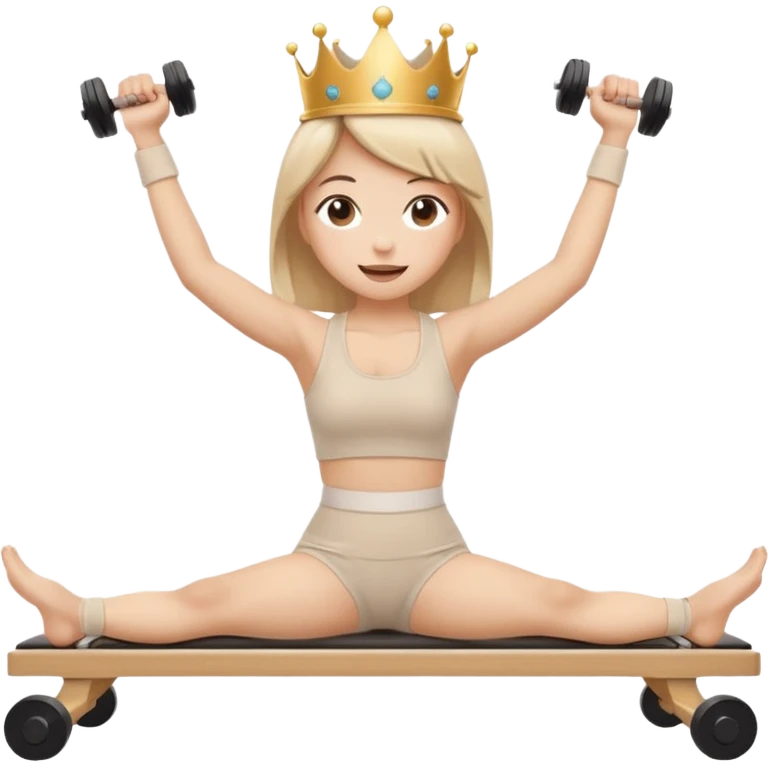 Sticker emoji of a girl doing Pilates arm exercises on a reformer, holding light dumbbells. Small crown, happy expression, beige outfit. Kawaii proportions, white outline, transparent background. emoji