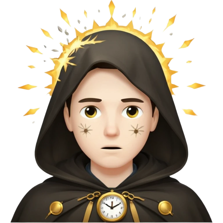 Character standing calm while clock fragments explode past, cloak barely moving emoji