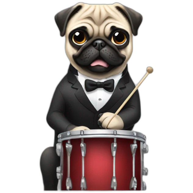 Pug with bow tie and suit playing drums emoji