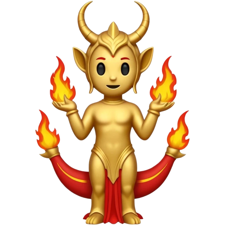 Minimalist emoji-style sticker of a full-body Oscar-like statue in gold color, with subtle devilish elements: small horns on the head, a pointed tail, and fire around the base. Flat design, thick lines, black, gold, and red color palette, silhouette style, centered on white square background. emoji