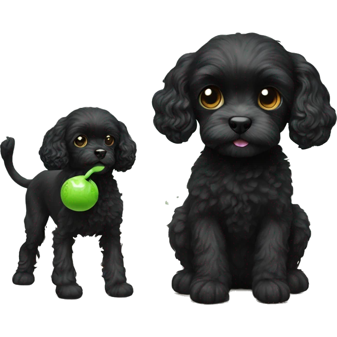 black cavoodle with a white chin. playing with a green monkey toy emoji