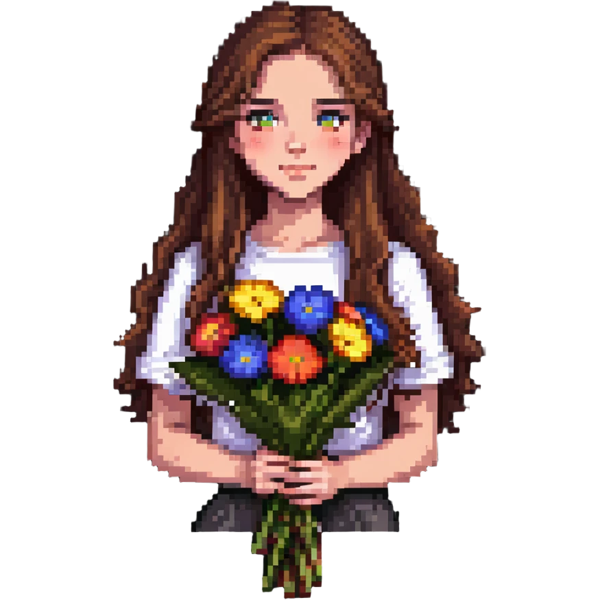 Cool girl with long brown hair holding a bouquet of flowers emoji