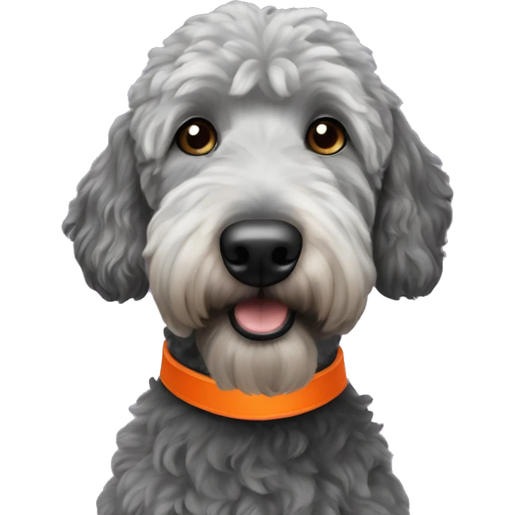 Adult Black golden doodle wearing an orange collar emoji