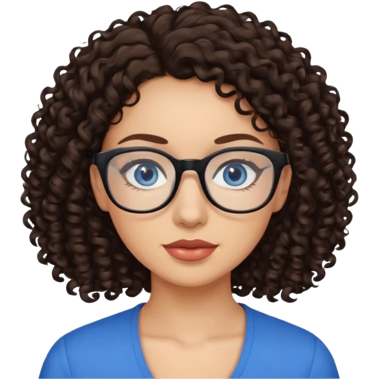 a woman, 30 years old, light skin with dark brown curly hair. eyeglasses. Black top. blue eyes. emoji