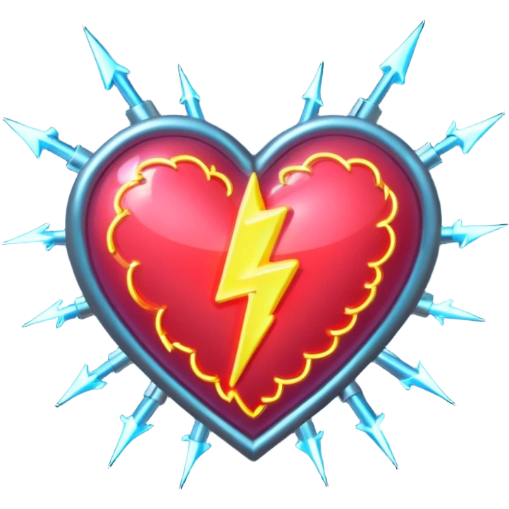 neon heart with a silver bow with heart pattern on the bow, with lightning emoji