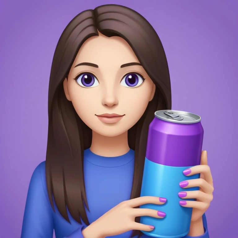 woman with long straight brunette hair holding a purple and blue can emoji