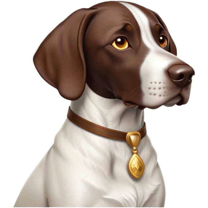 Cinematic Noble German Pointer Portrait Emoji, Poised and regal, with a lean, athletic build and a sleek, short coat in liver and white, deep-set soulful brown eyes, Simplified yet sharp and sophisticated features, highly detailed, glowing with a soft, dignified glow, high shine, intelligent and driven, stylized with an air of determination, focused and attentive, soft glowing outline, capturing the essence of a watchful and commanding hunter, so majestic it feels as though it could sprint out of the screen with effortless authority! emoji